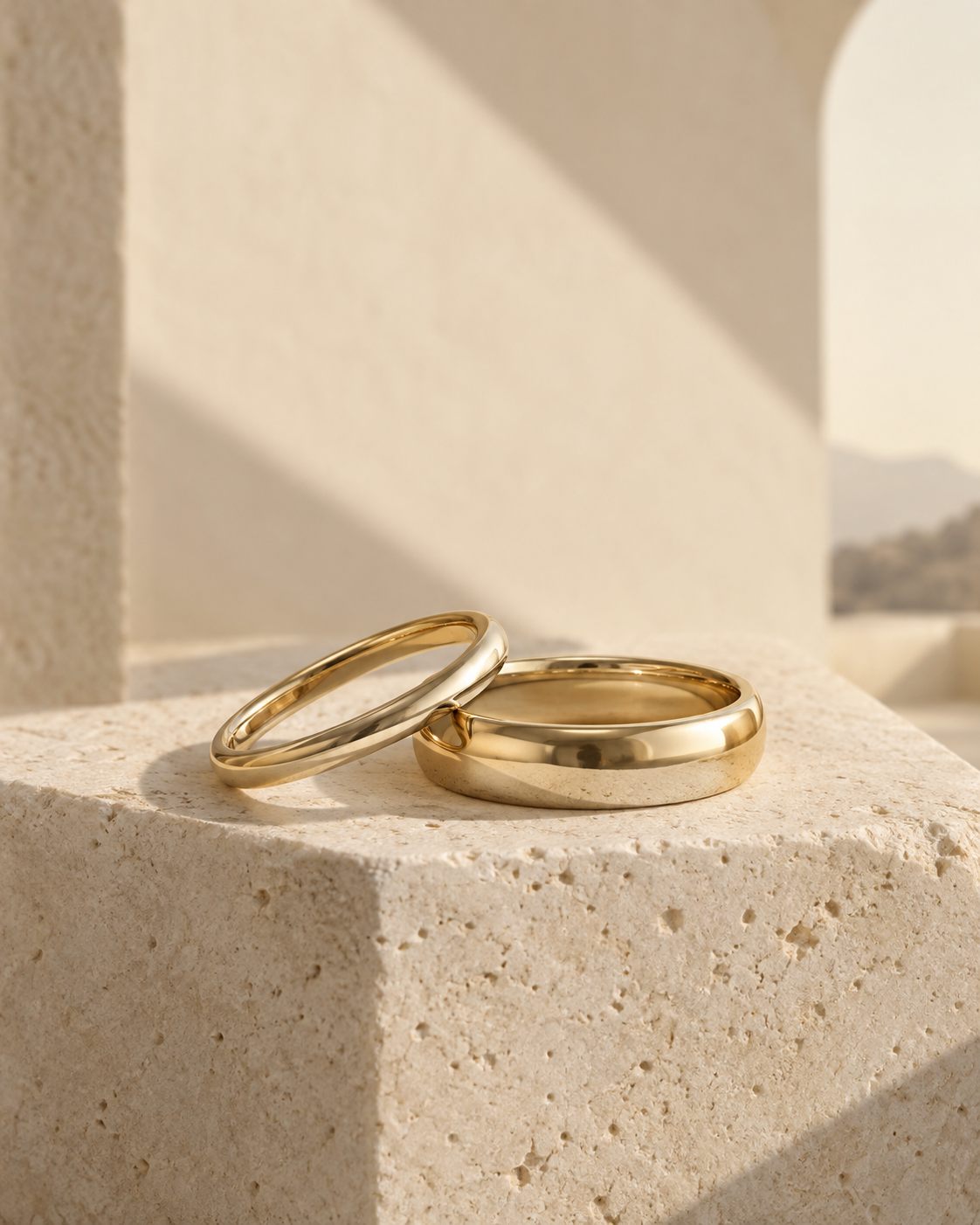 Illustrative pair of minimal polished wedding bands on ivory limestone