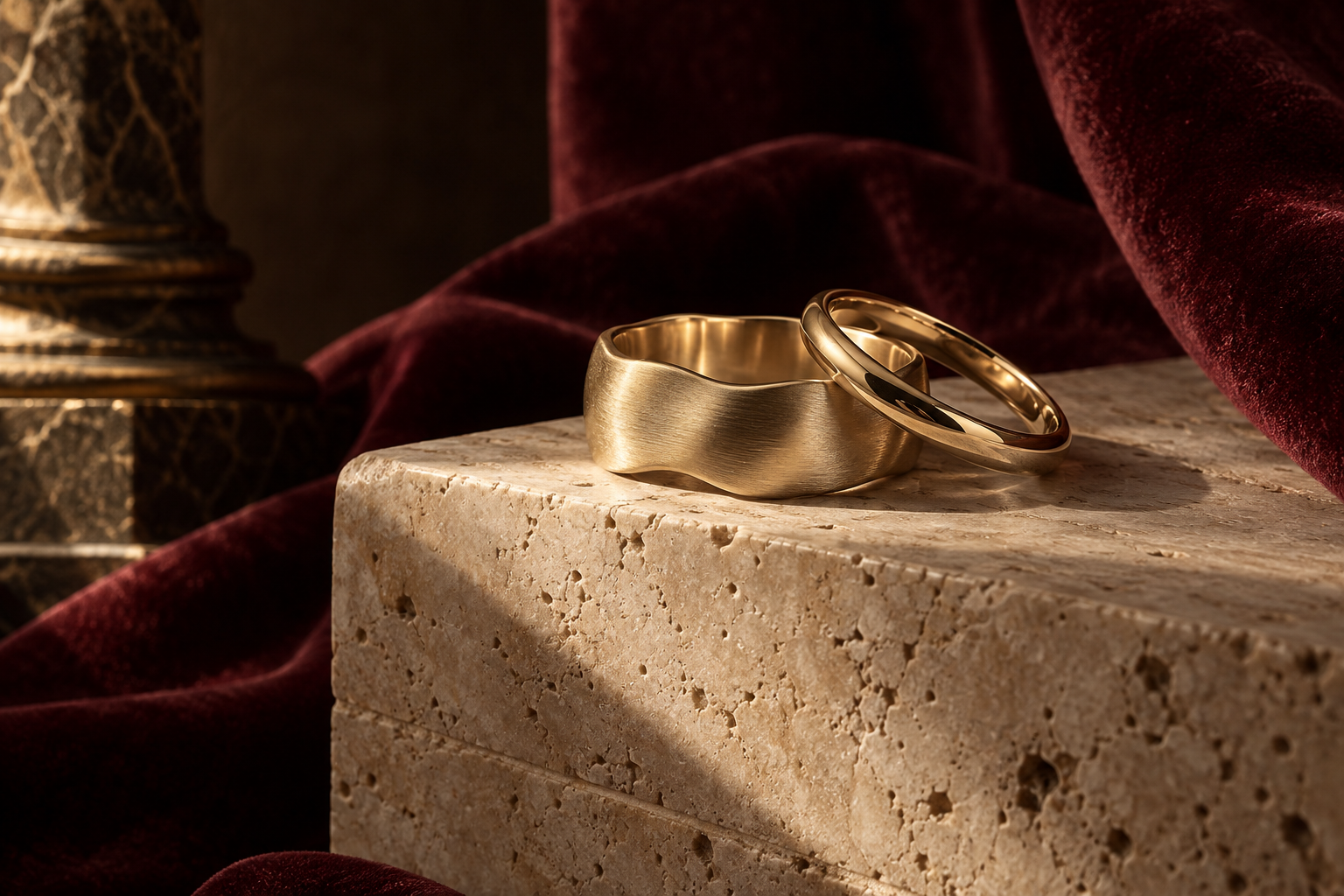 Illustrative sculptural and polished wedding bands on travertine and burgundy velvet