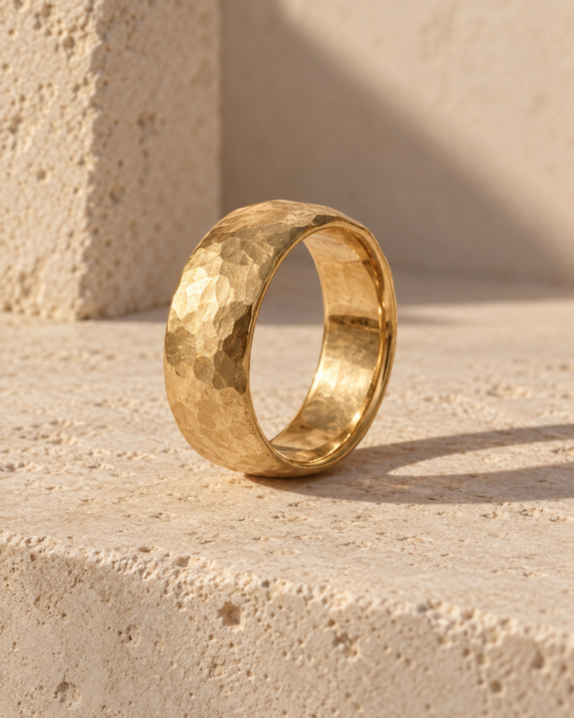 Illustrative textured wedding band on limestone